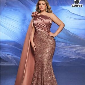 One-Shoulder Rose Gold Sequin Evening Gown